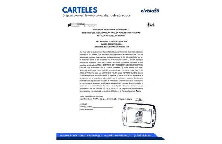 Cartel INTI ORT Anzoátegui en atención a Ramón Rafael Guevara Hernández y el lote de terreno «La Guevareña»