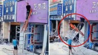 Trabajador se distrae y deja caer a su compañero de un andamio