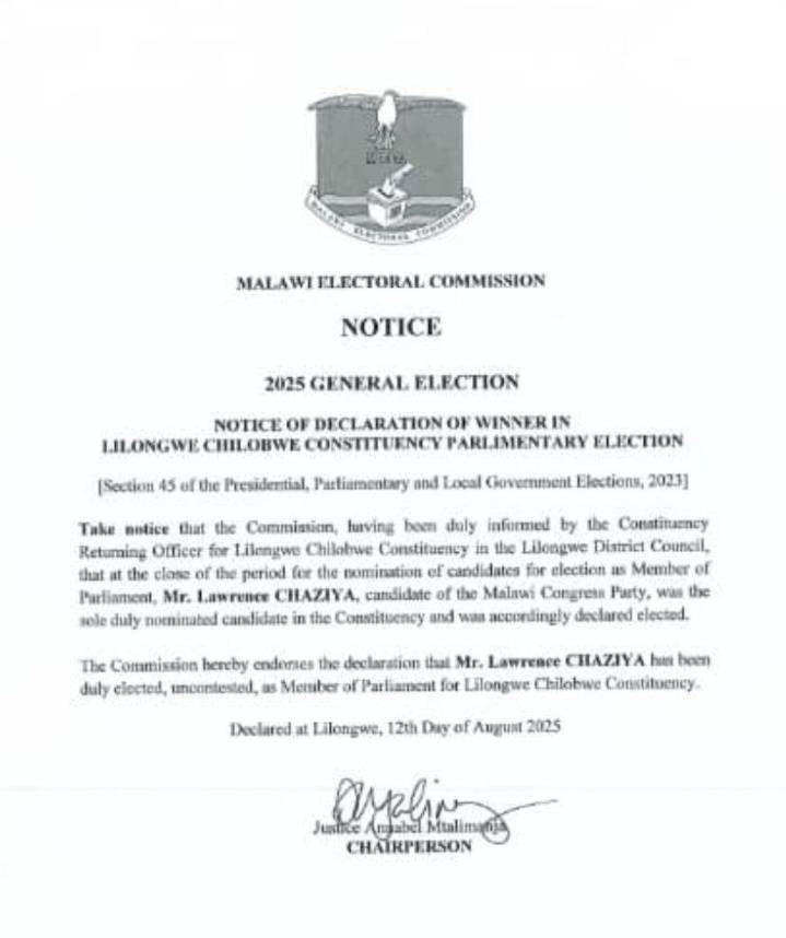 Lawrence Chaziya Elected Unopposed as Lilongwe Chilobwe MP