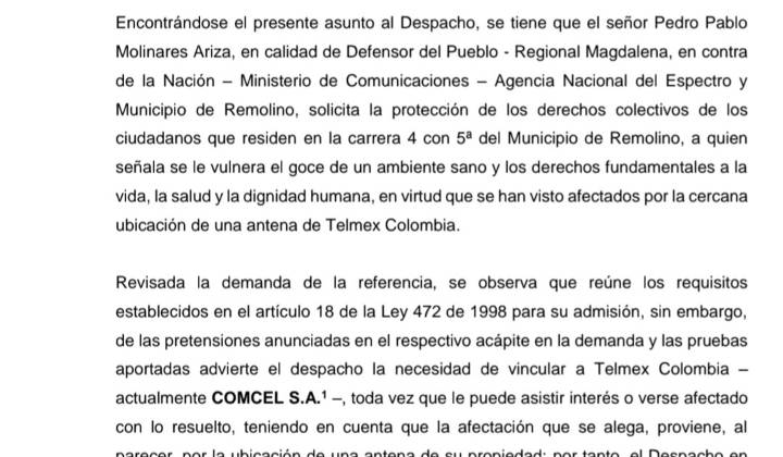El Contencioso niega la medida cautelar de reubicación de una antena para la telefonía celular en Remolino, Magdalena