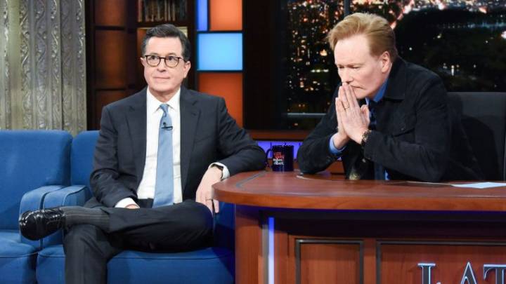 Conan O’Brien sounds the alarm about late night, while praising Stephen Colbert