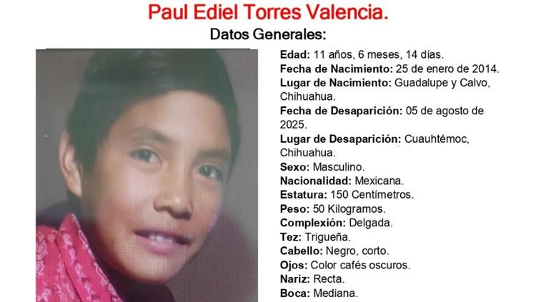 Buscan a Paul Ediel Torres de 11 años, desapareció en Cuauhtémoc