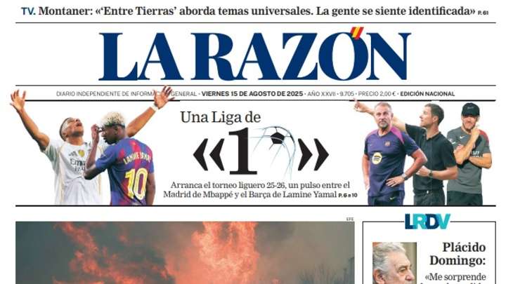 Portada de LA RAZÓN del viernes 15 de agosto de 2025