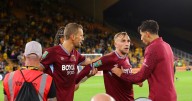 Jarrod Bowen held back by team-mates after clashing with fans following Carabao Cup exit