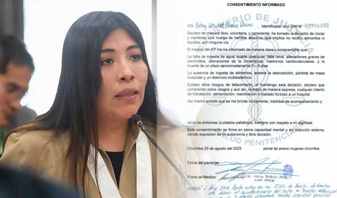 INPE informa que Betssy Chávez podría morir en tres días si continúa con la huelga de hambre