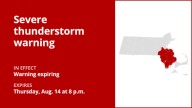 Update: The severe thunderstorm warning for 3 Massachusetts counties is predicted to expire at 8 p.m.