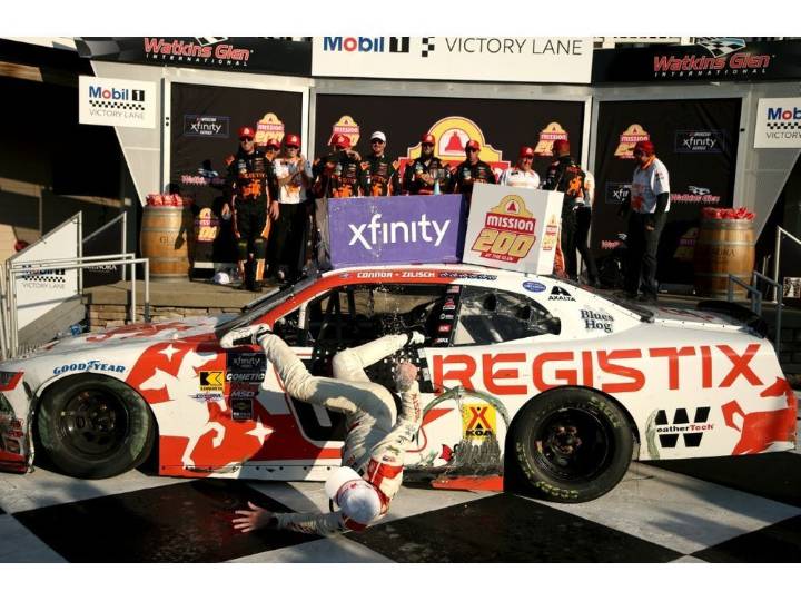 NASCAR driver breaks collarbone in dramatic fall from car he climbed to celebrate win