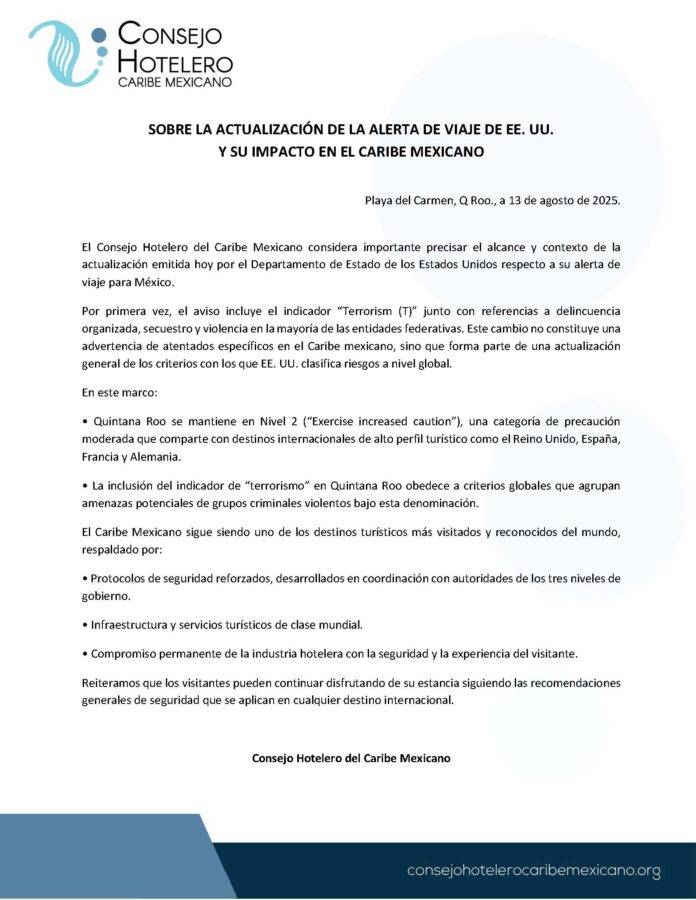 Consejo Hotelero del Caribe Mexicano aclara alcance de alerta de viaje de EE.UU.