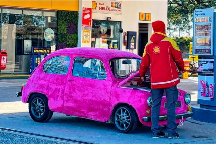 De clásico a único: Joven cubrió de tela de peluche rosa su Fiat 600 en Paraná