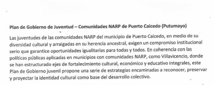 Presentación de la Propuesta del Consejo Comunitario Villa del Río (NARP)