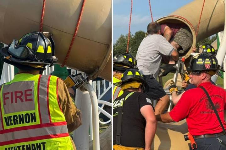 Connecticut firefighters slice open playground slide to rescue 40