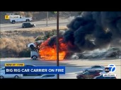 Big rig hauling Teslas catches fire on Los Angeles highway
