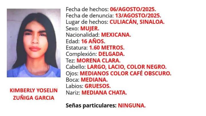 Activan Alerta Amber en Sinaloa por desaparición de Kimberly Yoselin, de 16 años, en Culiacán