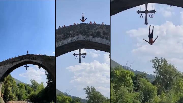 Impactante (y peligroso) salto desde el puente romano de Cangas de Onís: 21 metros con doble mortal