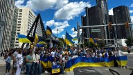 Ukraine Independence Day rally held by Joe Louis fist statue