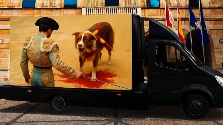 Asturies Antitaurina despliega un Xixón el camión antitaurinu cola imaxe d'un perru siendo toreáu