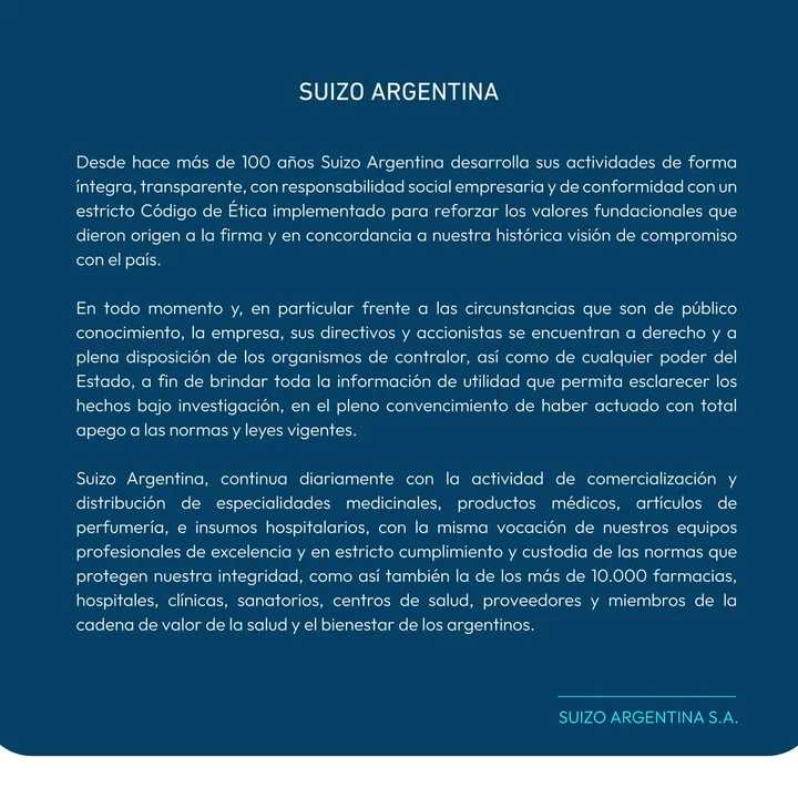 Milei compartió un comunicado de la droguería involucrada en las coimas