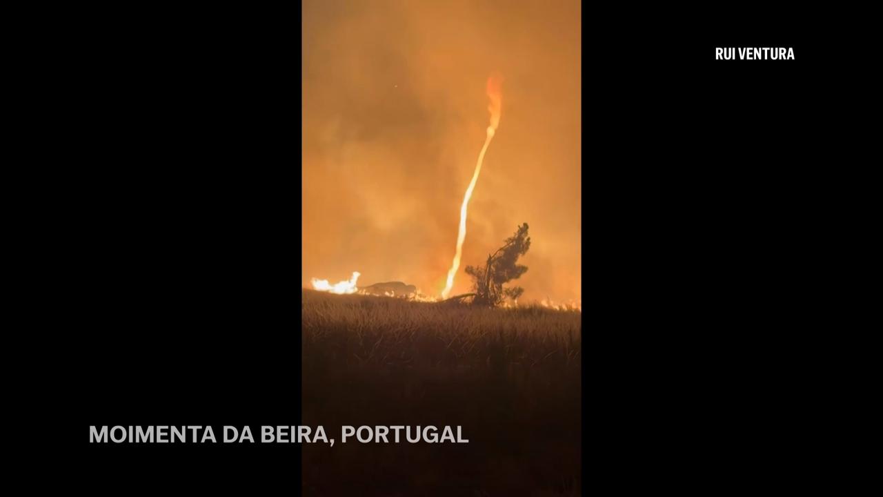 Fire tornado swirls up through smoke cloud from Portugal wildfire