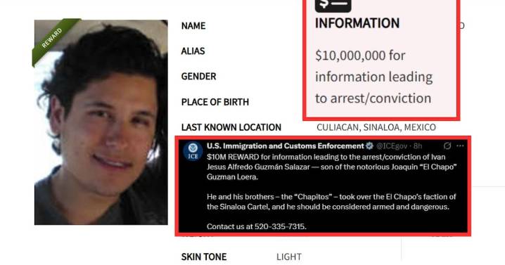 Recuerda ICE la millonaria recompensa por brindar información que lleve a la captura de Alfredo “Alfredito” Guzmán Salazar, hijo de “El Chapo” Guzmán