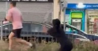 Road rage brawl erupts as man punched and kicked to floor after putting woman in headlock