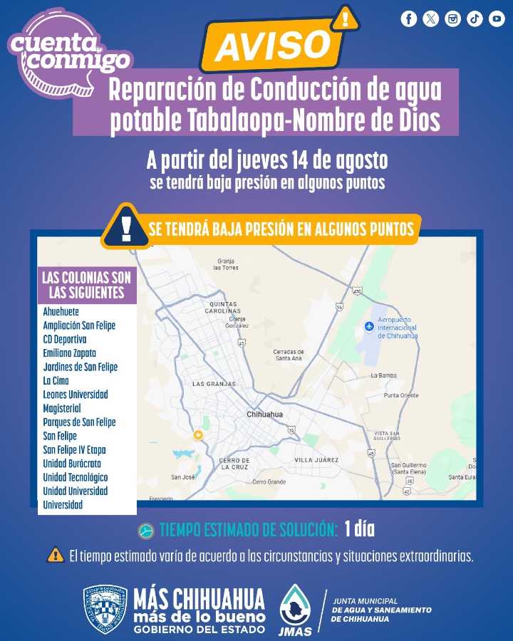 Repararán fuga en conducto Tabalaopa-Nombre de Dios, suspenderán servicio la tarde del jueves