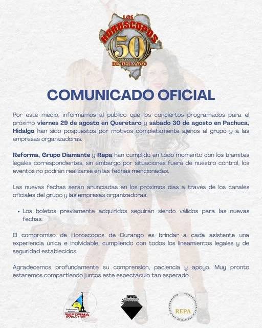Posponen concierto de Los Horóscopos de Durango