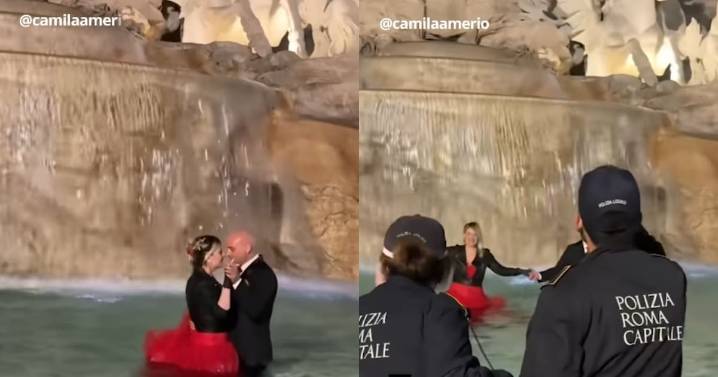 Recién casados bailan dentro de la Fontana di Trevi; la policía los esperaba afuera para multarlos