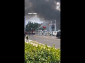 Gas line explosion sends debris flying