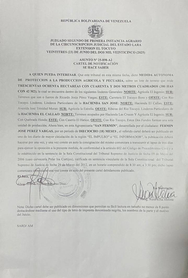 Cartel de Notificación – Medida Autónoma de Protección a la Producción Agrícola y Pecuaria, a “Agropecuaria San Fermín” desarrollada por el ciudadano Fermín José Pérez Vargas, asunto N° 25