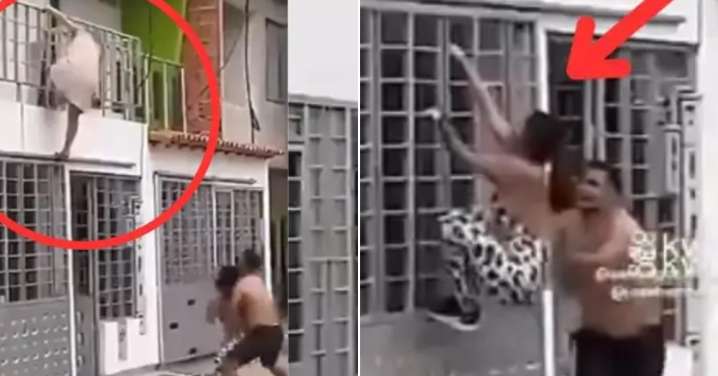 Mujer sorprende a su esposo siéndole infiel y amante intenta escapar por el balcón