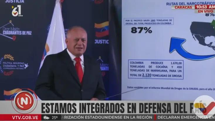 Diosdado Cabello: de la droga producida en Colombia «solo el 5% intenta salir por Venezuela»