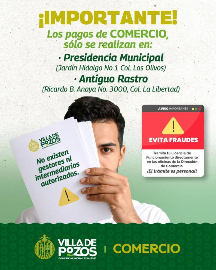 VILLA DE POZOS EXHORTA A COMERCIANTES A NO DEJARSE ENGAÑAR POR FALSOS INSPECTORES