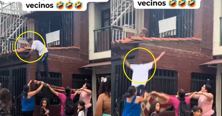 Hombre pide ayuda a sus vecinos para saltar… y acaba estampado contra el suelo