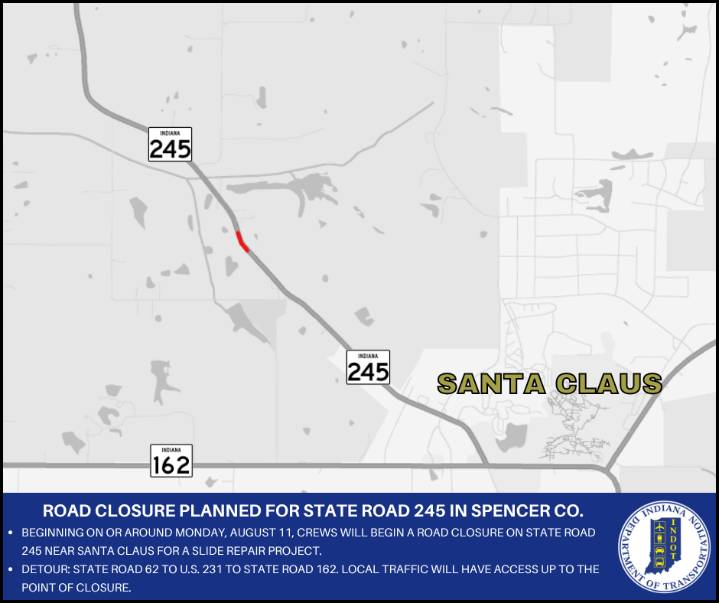 Road closure planned for State Road 245 in Spencer County
