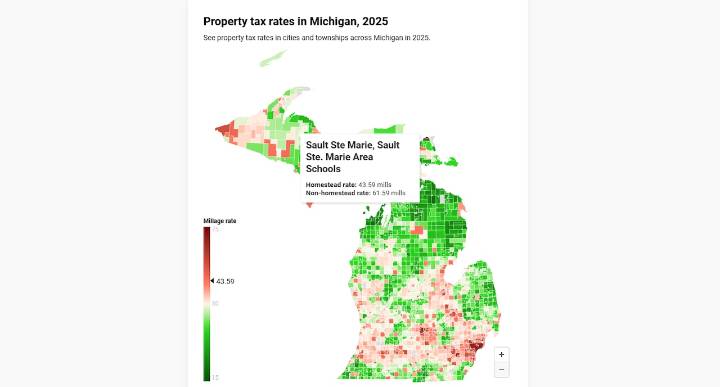 Which Michigan communities have the highest and lowest property tax rates?