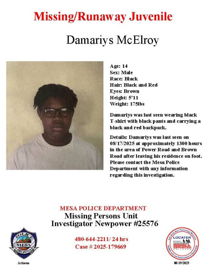 Demariys McElroy, 14, missing from Mesa, police say