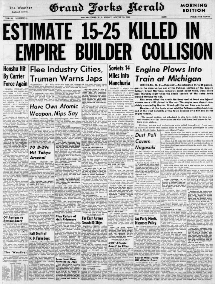 Today in History: August 10, 1945 - Empire Builder Engine Plows Into Pullman Observation Car at Michigan, ND