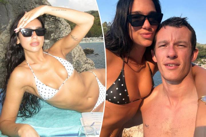 Dua Lipa flaunts her toned figure in polka dot bikini while posing with fiancé Callum Turner