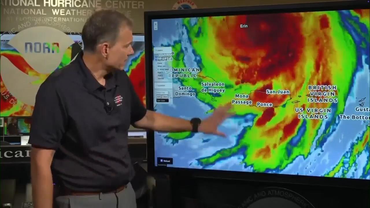Hurricane Erin weakens to Category 3 as forecasters wait for northward turn