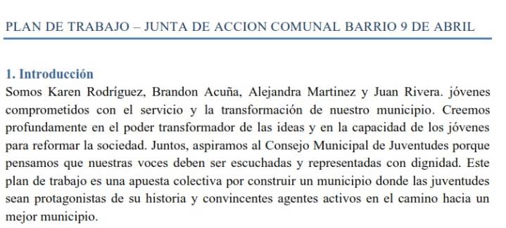 Plan de Trabajo – Junta de Acción Comunal Barrio 9 de Abril en San Miguel