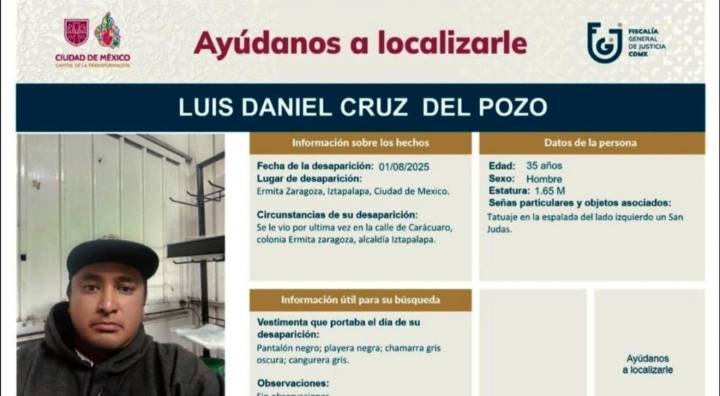 Ayúdanos a encontrar a Luis Daniel Cruz del Pozo; tiene un tatuaje de San Judas
