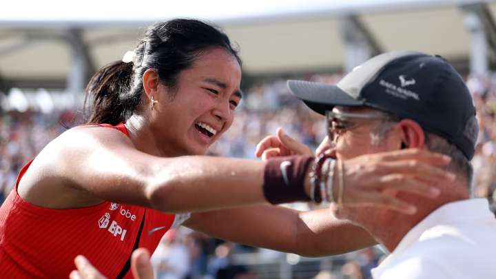 Emotional tennis star breaks down in tears on court as she claims historic win at US Open
