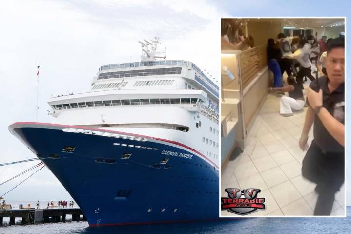 Wild footage captures massive Carnival Cruise ship brawl that erupted over 'chicken tenders'