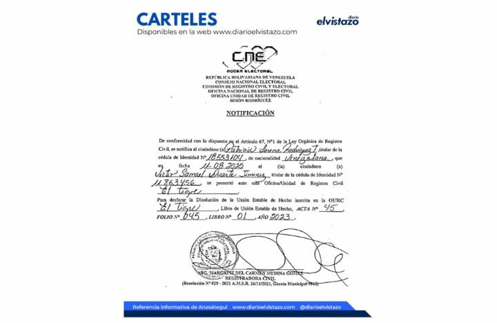 Cartel de Disolución de Unión Estable de Hecho del Registro Civil del municipio Simón Rodríguez en atención a Patricia Lorena Rodríguez T y Victor Samael Duarte Jiménez