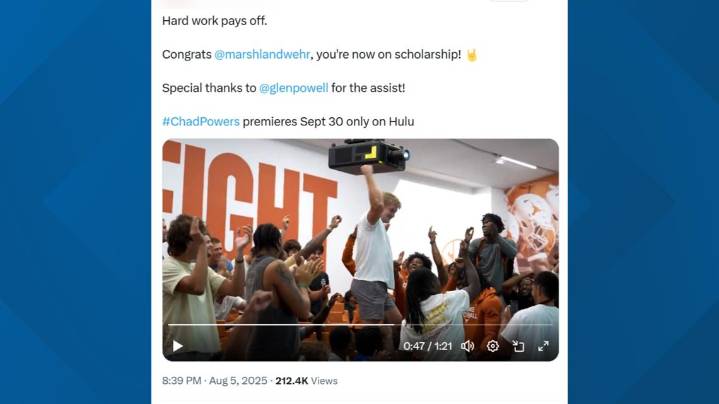 Actor Glen Powell announces scholarship for Texas Longhorns linebacker