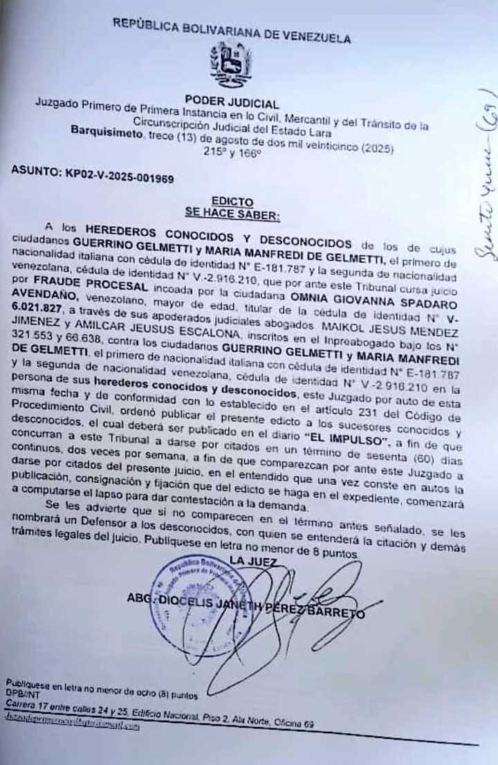 Edicto – A los Herederos Conocidos y Desconocidos de los ciudadanos Guerrino Gelmetti y María Manfredi de Gelmetti, cédulas de identidad E-181.787 y V-2.916.210, Juicio por Fraude Procesal, asunto: KP