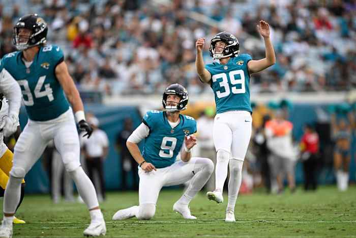 Jaguars' Cam Little hits a 70-yard field goal in an exhibition game against the Steelers