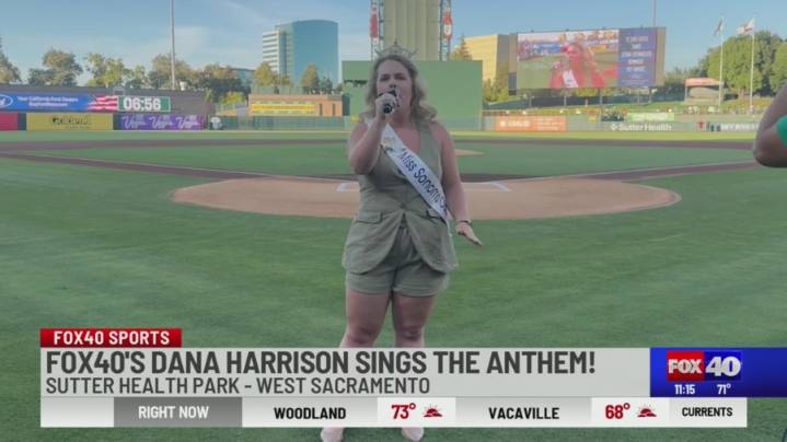 FOX40 producer Dana Harrison sings the national anthem ahead of A's vs. Angels