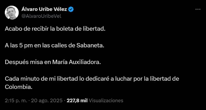 Álvaro Uribe rompió el silencio tras recibir su libertad, anunció lo primero que hará en las calles de Colombia