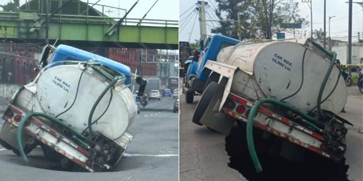 Pipa cae en un socavón que se abrió sobre Calzada Zaragoza en la alcaldía Iztapalapa CDMX